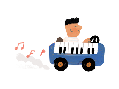 A cartoon person driving a blue car with piano keys on the side, music notes floating out as they play while driving.