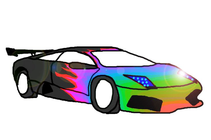 Vibrant rainbow-painted sports car with black accents, flame decals, and rear spoiler on white background.