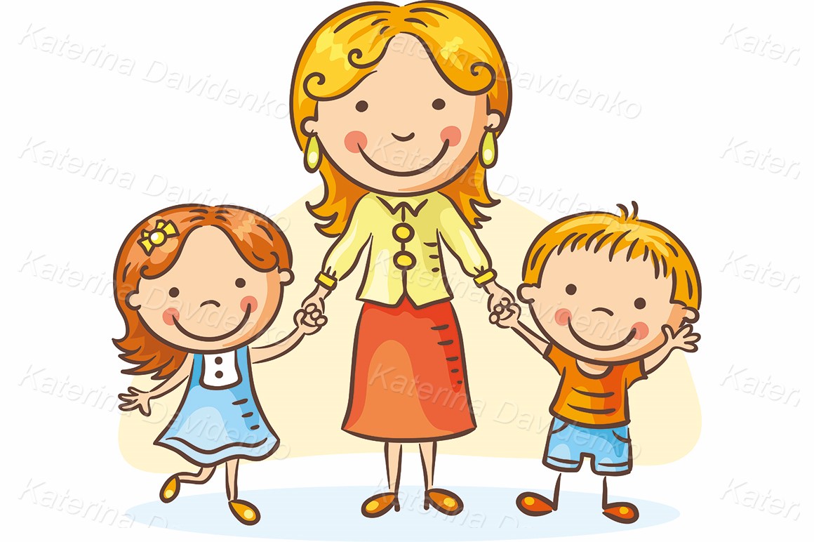 Smiling mother holding hands with her daughter and son in a cheerful cartoon illustration.