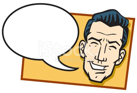 Smiling cartoon man with speech bubble, comic-style illustration on yellow background.