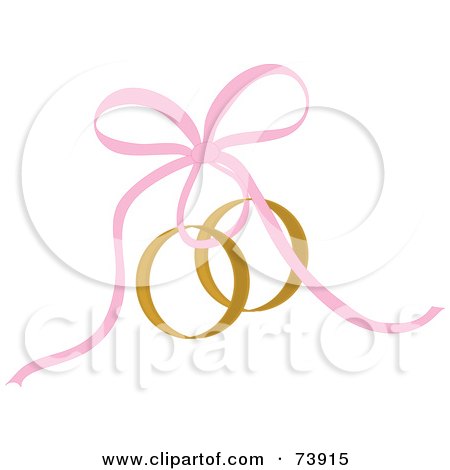 Two interlocked gold wedding rings tied with a soft pink ribbon bow.