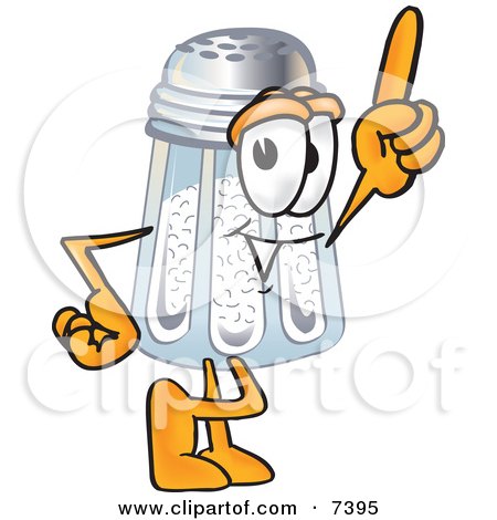 Animated salt shaker character with expressive eyes, pointing upward and gesturing energetically.