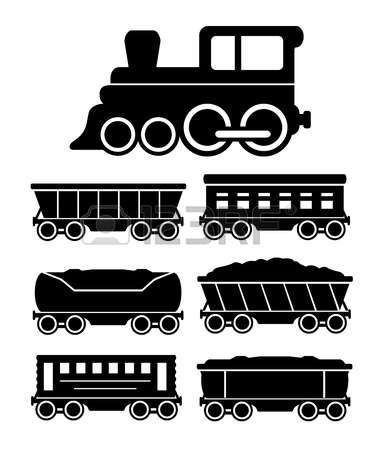 Black silhouette vector illustration of a steam locomotive and six railway freight/passenger cars including hopper, tank, gondola, and caboose.