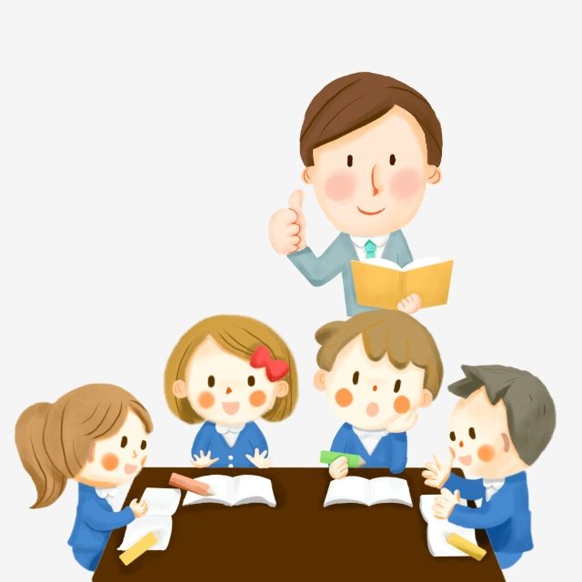 A smiling teacher gives a thumbs-up while four students in blue uniforms study together at a table with open books.