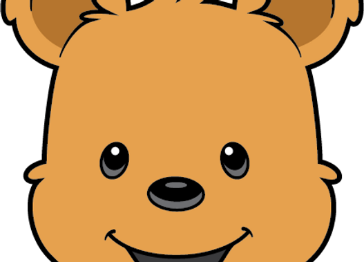 Friendly cartoon bear face with big eyes and a smiling expression on black background.