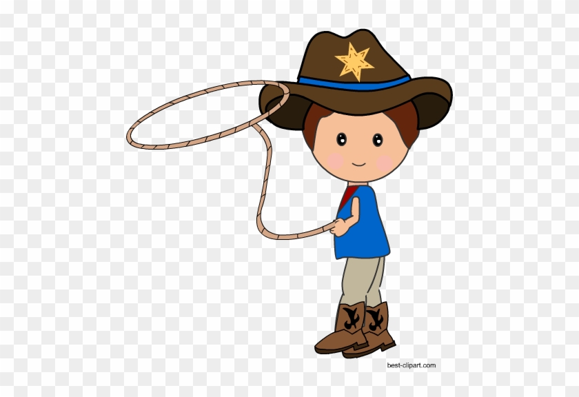 Cartoon boy in cowboy hat with star badge, holding lasso, wearing blue shirt and boots.