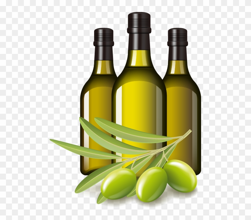 Three green glass olive oil bottles with black caps, accompanied by fresh green olives and olive leaves on a transparent background.