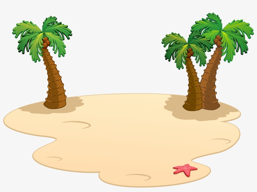 Tropical island with three palm trees, sandy shore, and a red starfish.