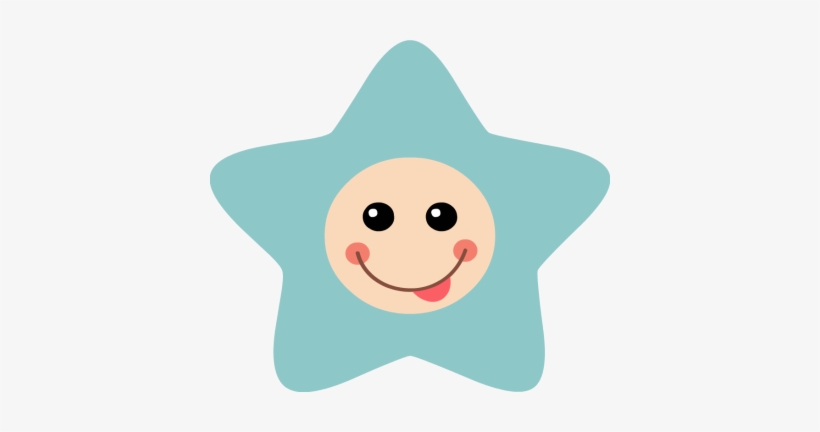 Cheerful cartoon star with smiling face, rosy cheeks, and tongue sticking out, in soft teal color.