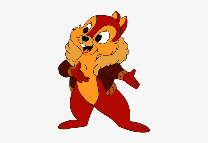 Chip the chipmunk from Disney’s Chip 'n Dale, wearing a red outfit with a fur collar and gesturing cheerfully.