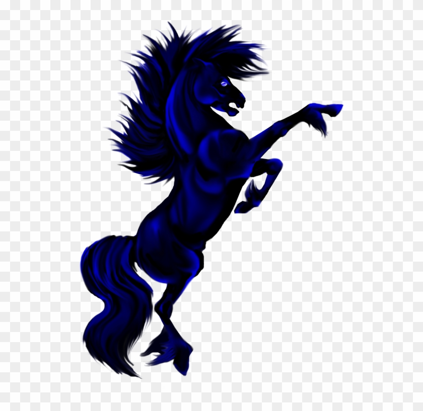 A majestic dark blue rearing horse with glowing eyes and flowing mane against transparent background.