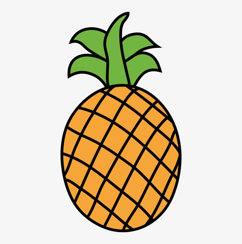 A cartoon-style pineapple with orange textured body and green leafy crown, outlined in black.
