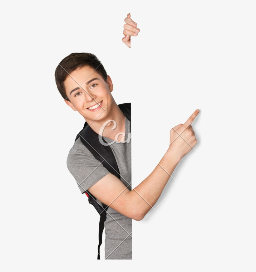 Teen Boy Pointing to Blank Sign - Stock Image for Education or Advertising