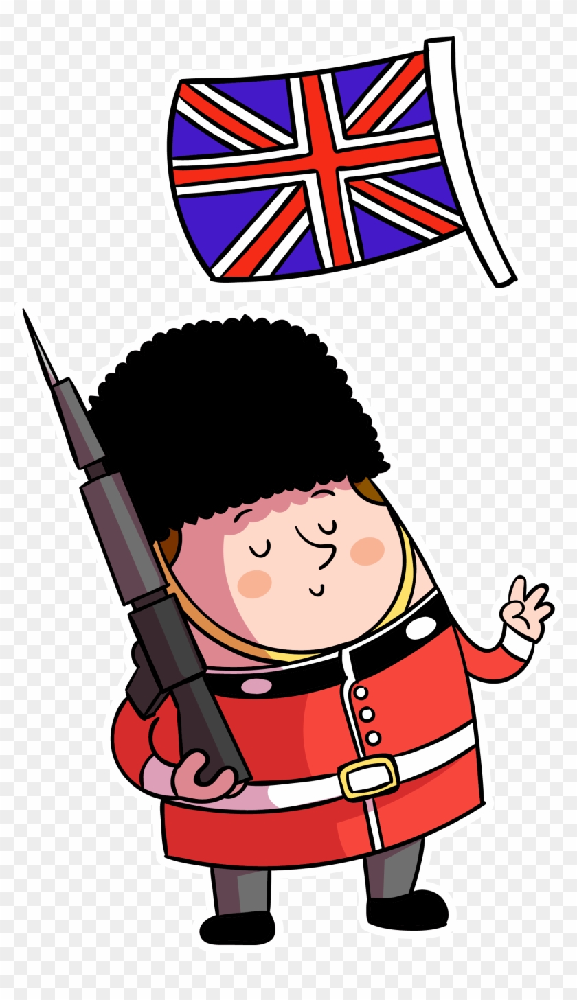 Cartoon British guardsman in red uniform and bearskin hat holding rifle, with Union Jack flag above.