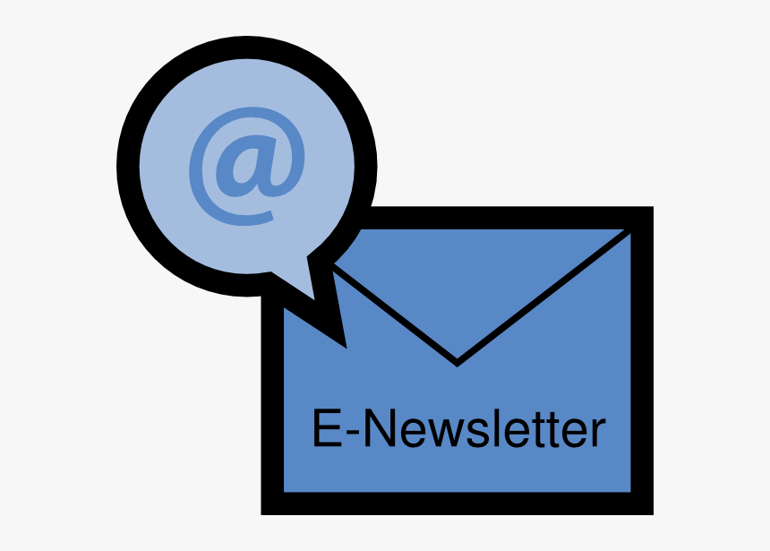 Blue envelope labeled "E-Newsletter" with speech bubble containing an @ symbol.