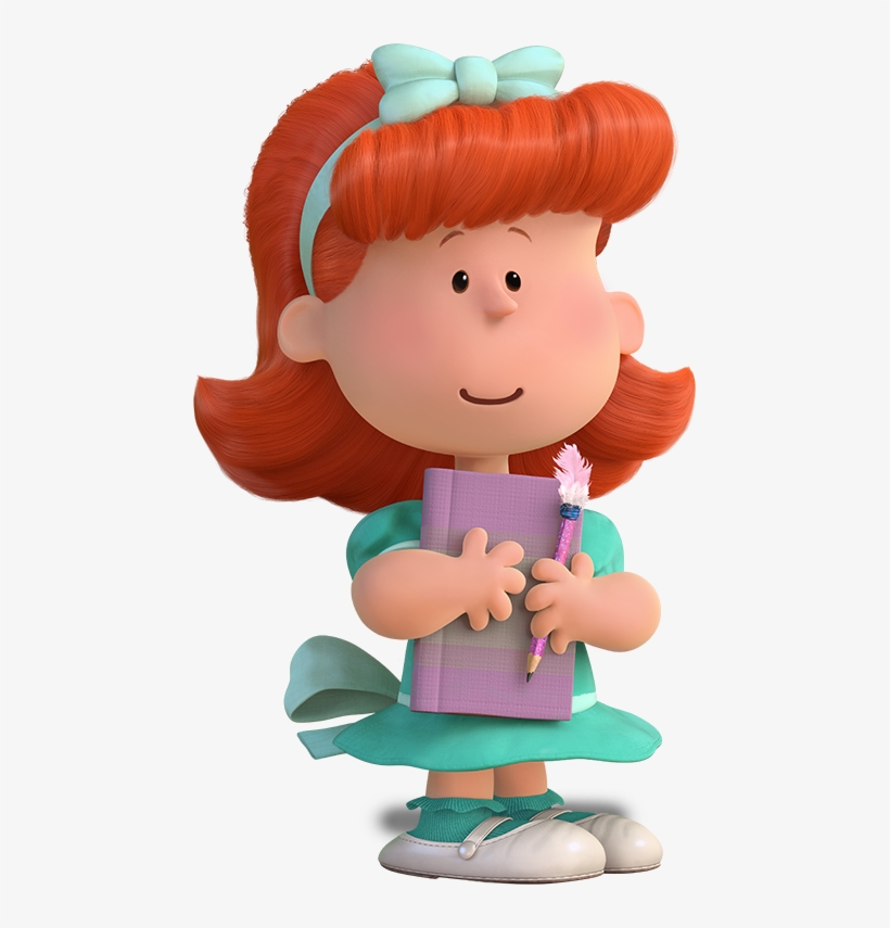 Red-haired animated girl in teal dress holding purple notebook and feather-tipped pencil, smiling gently.