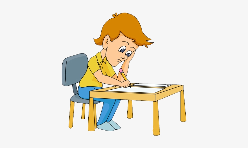 A cartoon boy with orange hair sits at a wooden desk, writing with a pencil while resting his head on his hand, looking thoughtful.
