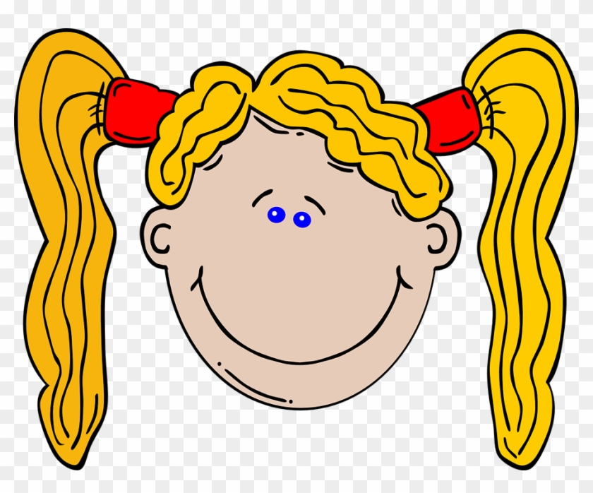 Smiling cartoon girl with blonde pigtails tied with red bands, blue eyes, and cheerful expression.