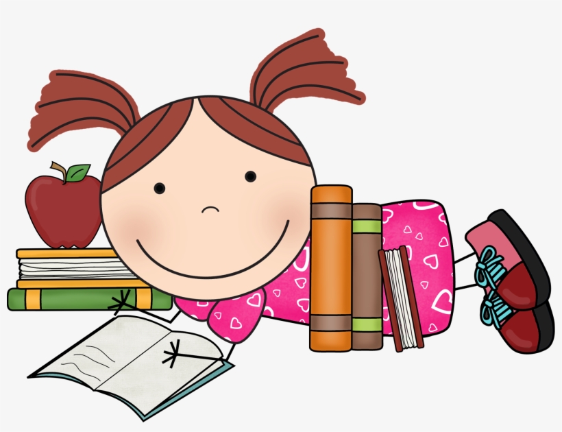 Smiling cartoon girl with pigtails lying down reading a book, surrounded by stacked books, an apple, and a backpack.