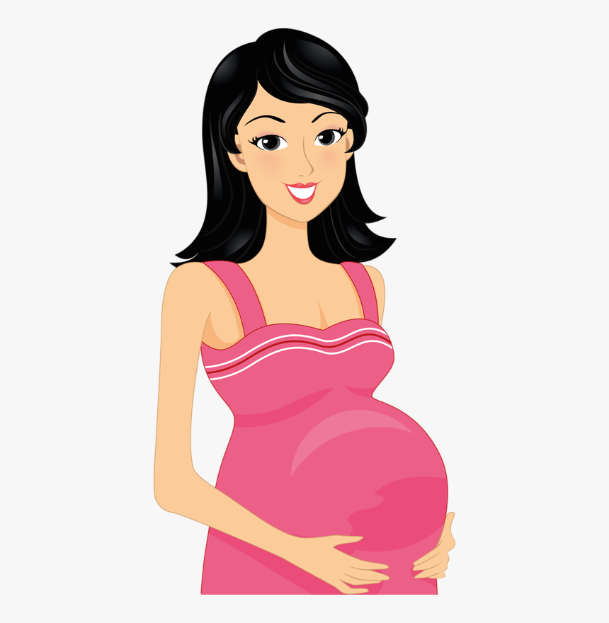 Smiling pregnant woman with black hair wearing a pink dress, gently holding her belly.