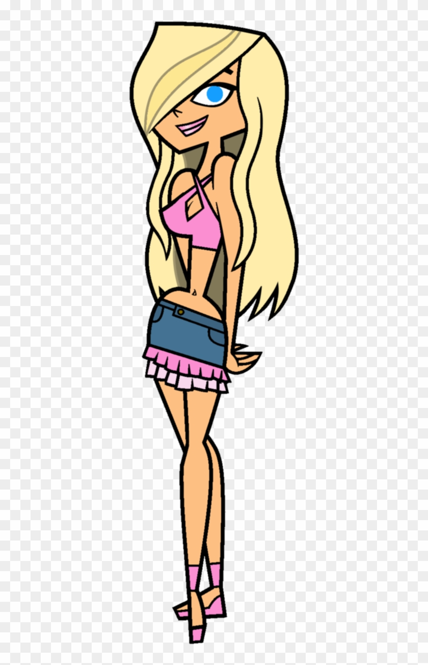 Animated blonde female character with blue eyes, pink top, denim skirt, and pink sandals posing confidently.