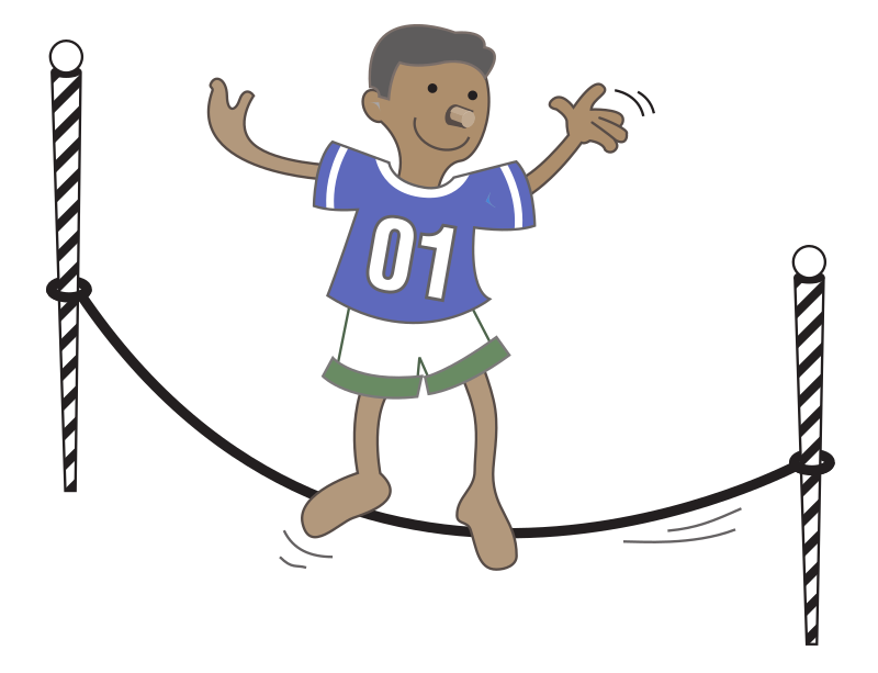A smiling boy in a blue jersey with number 01 balances on a slackline between two striped poles.