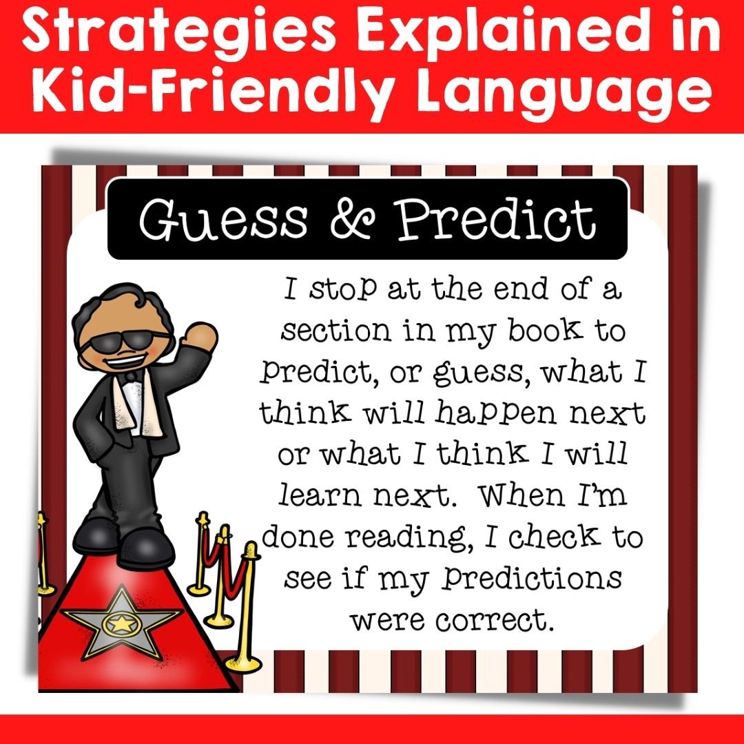 Kid-friendly "Guess & Predict" reading strategy poster with cartoon celebrity on red carpet.