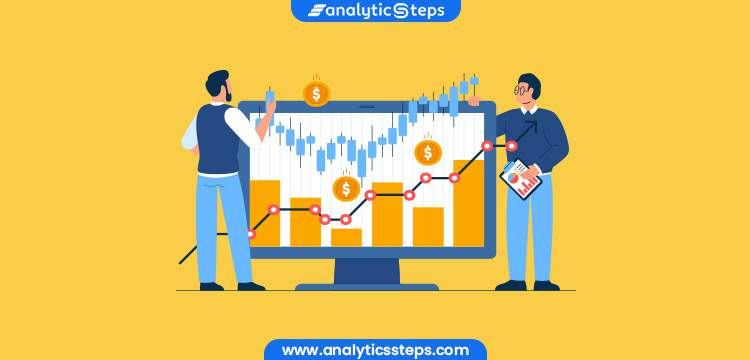Two analysts examining financial charts and data on a large monitor with dollar icons and growth indicators.