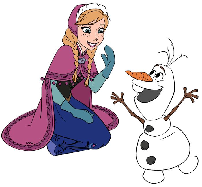 Anna from Frozen kneeling beside Olaf the snowman, smiling warmly in a winter scene.