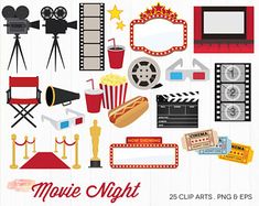 Movie night clip art set featuring film reels, popcorn, clapperboard, Oscars, red carpet, and theater icons.