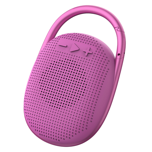 Vibrant pink portable Bluetooth speaker with integrated carabiner handle and control buttons.