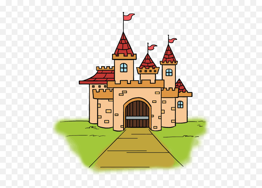 A colorful cartoon-style castle with red-roofed turrets, flags, and a wooden gate on a grassy mound.