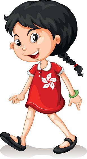Smiling cartoon girl with black braided hair wearing a red Hong Kong flag dress and black sandals.