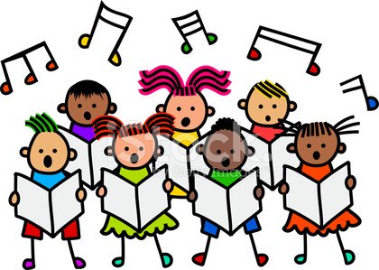 Diverse group of children singing together with musical notes floating above them, holding sheet music.