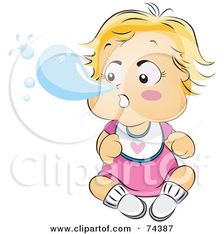 Cartoon baby girl with blonde hair blowing a large blue bubble, wearing pink dress and bib with heart.