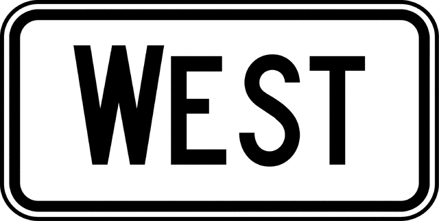 Black-and-white rectangular traffic sign displaying the word "WEST" in bold uppercase letters.