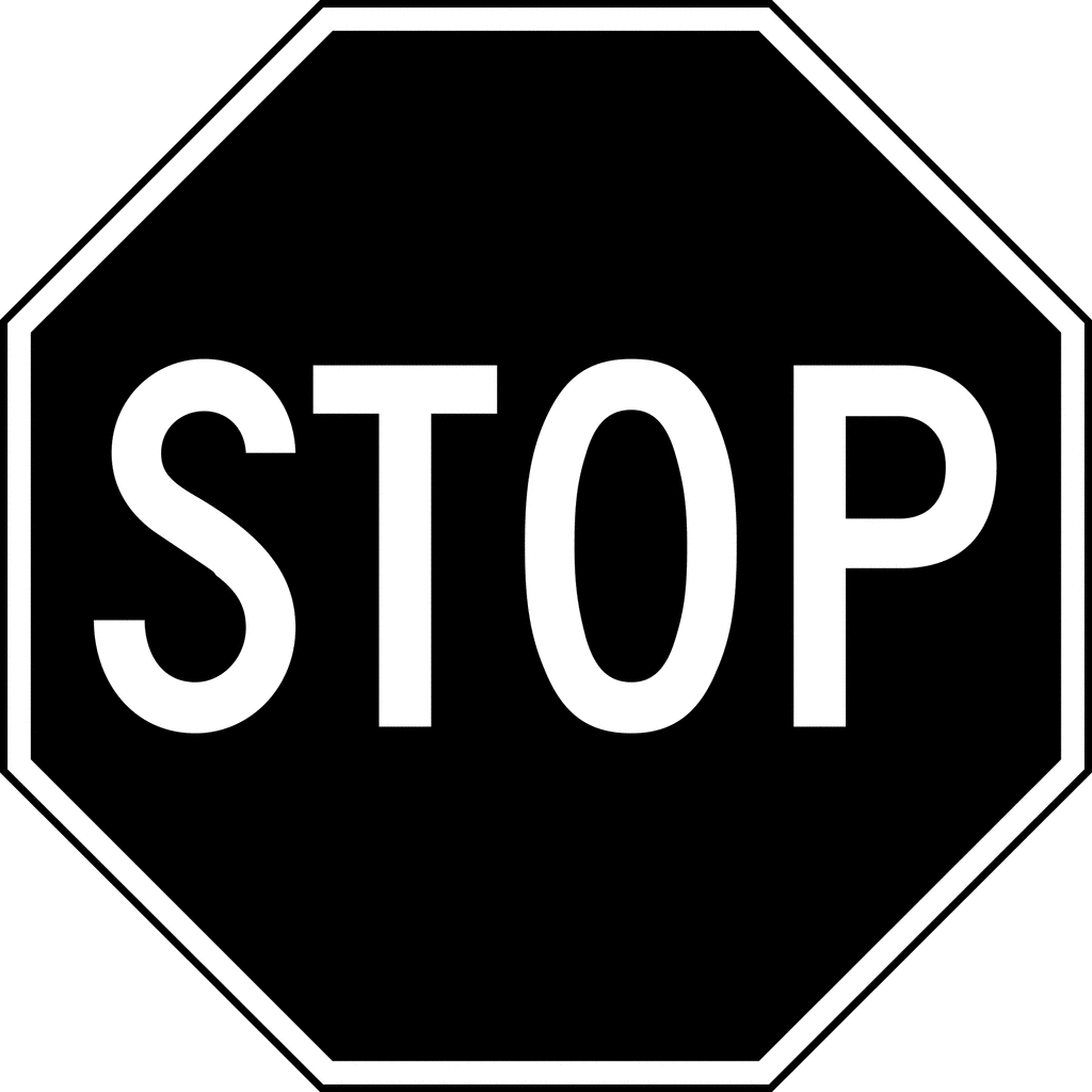Standard red octagonal stop sign with bold white "STOP" text on black background.