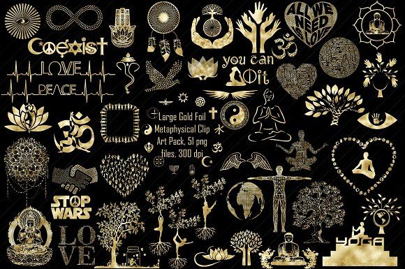 Gold foil metaphysical clipart pack featuring yoga, peace, om, lotus, tree of life, and spiritual symbols on black background.