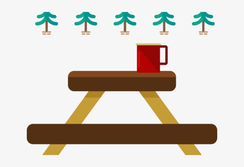 Red mug on wooden picnic table with pine trees in background, flat illustration style.
