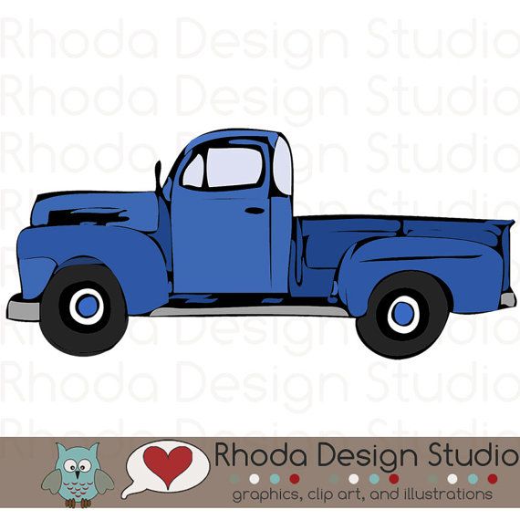Blue vintage pickup truck clip art illustration by Rhoda Design Studio