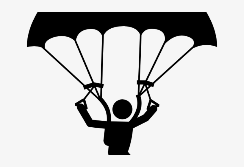 Silhouette of a person parachuting with open canopy and control lines.