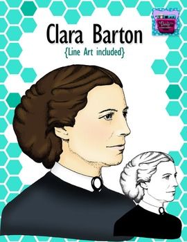 Illustration of Clara Barton in profile, with line art version inset; teal hexagonal background.