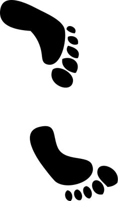 Black silhouette of two human footprints on white background, showing left and right feet in walking motion.