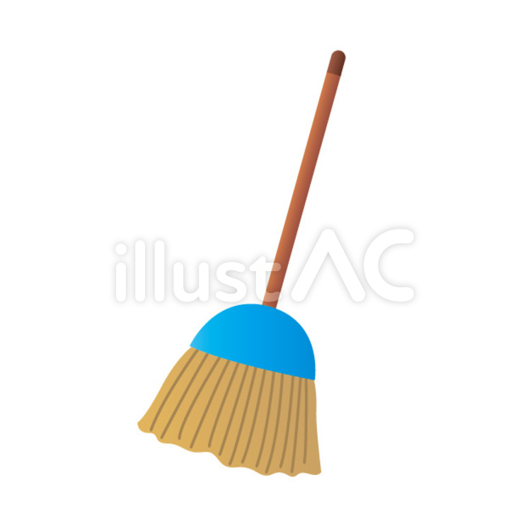 Blue-headed broom with wooden handle and straw bristles, flat vector illustration on white background.