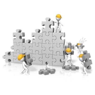 Team of miniature construction workers assembling a large gray jigsaw puzzle with hard hats and tools.