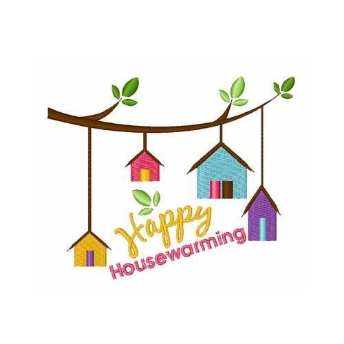 Colorful miniature houses hanging from a tree branch with "Happy Housewarming" text and green leaves.