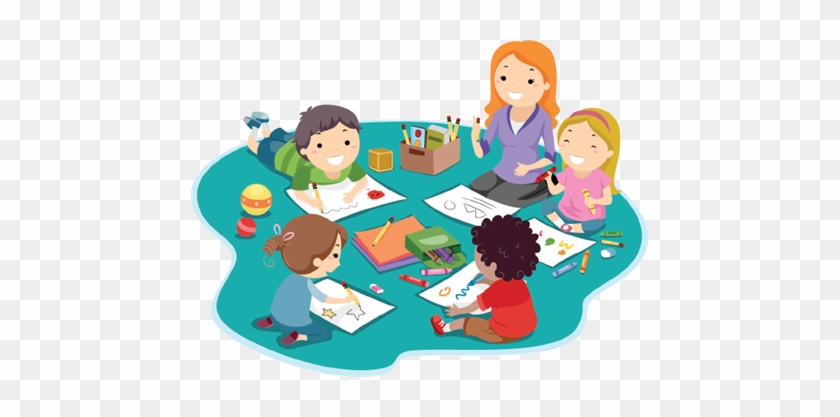 Teacher and four diverse children drawing together on a colorful mat with art supplies.