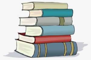 Stack of six colorful hardcover books in varying sizes and bindings, illustrated in a clean line-art style with soft shadows.