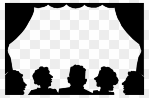 Silhouette of five audience members watching a stage framed by theater curtains.