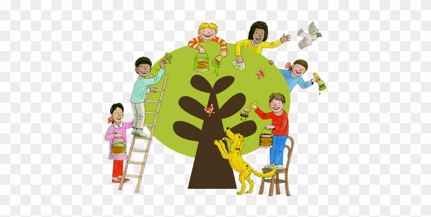 Children and a dog painting a large green tree together in a joyful, collaborative activity.
